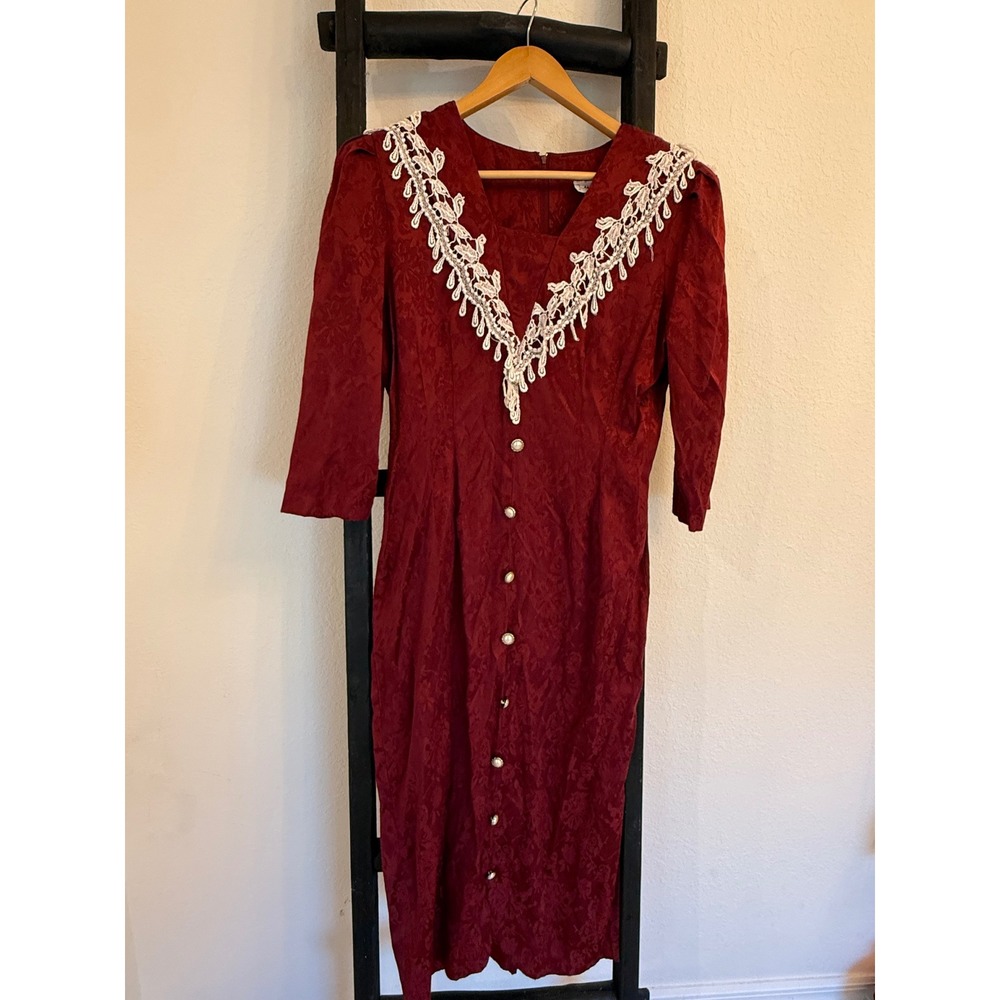 Vtg Miss Donby Burgundy Damask Dress Size 10 Lace Trim Vintage Elegant